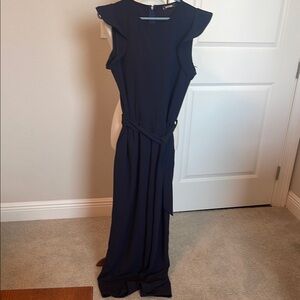 Blue Cap Sleeve Crew Neck Cocktail Jumpsuit